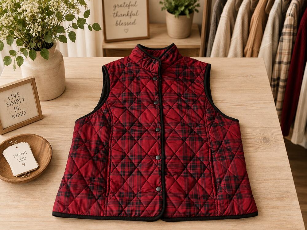 Croft & Barrow Womens L Quilted Vest Red Black Plaid Snap Front Pockets